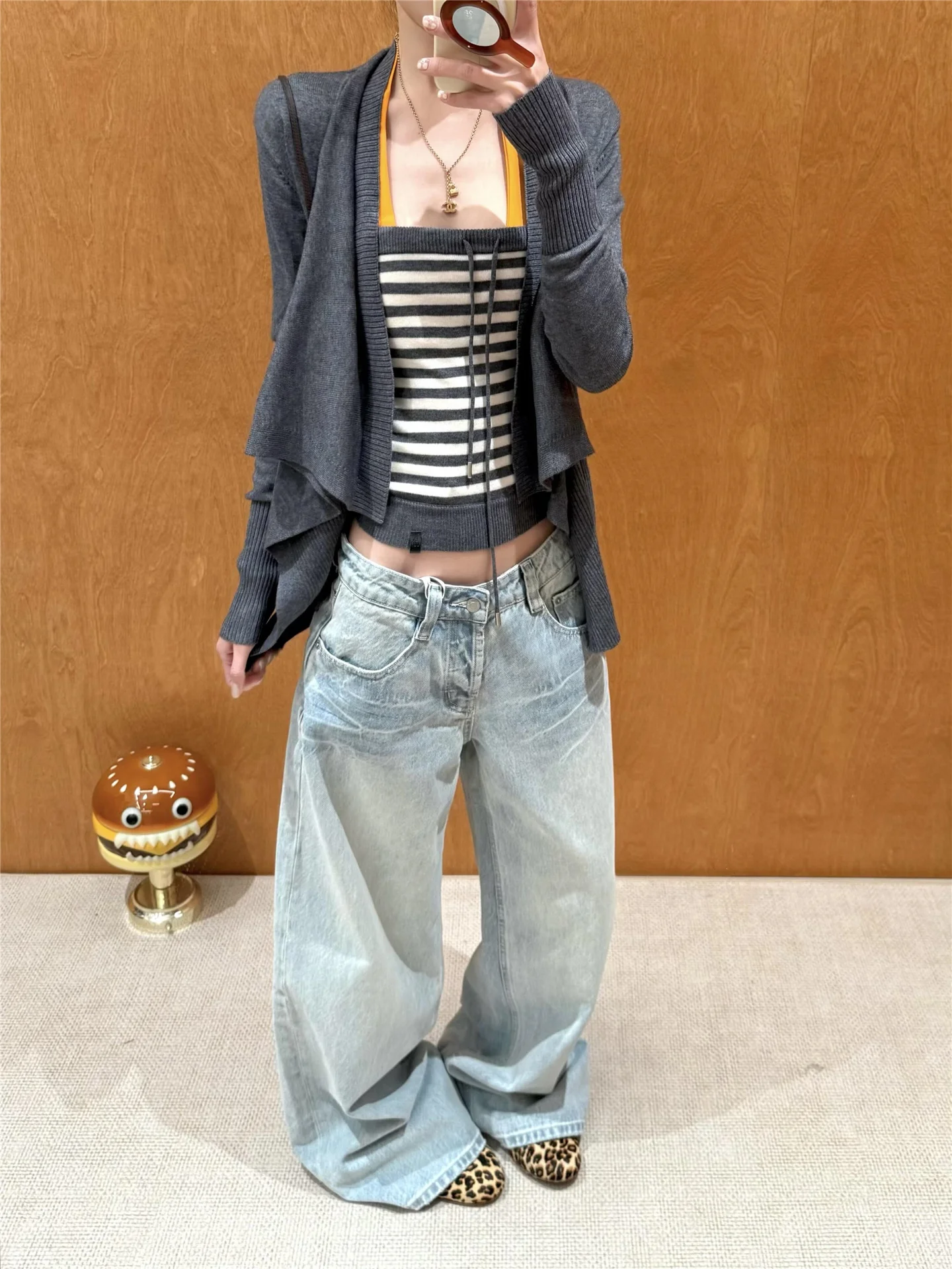 

Loose Wide Leg Blue Jeans Women's Spring Straight Leg Pants High Waist Cotton Casual Washed out 's Whisker Flared Trousers