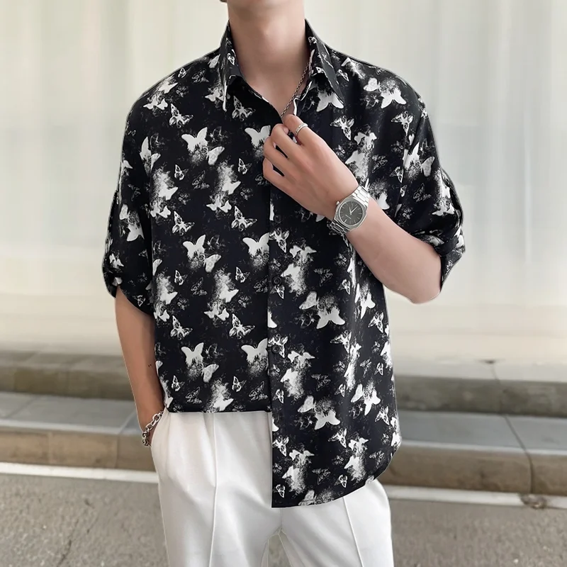 Summer Spring Elegant Butterfly Print Men Floral Shirt Casual Beach Hawaiian Half Sleeved Camisas De Hombre Streetwear Plus Size