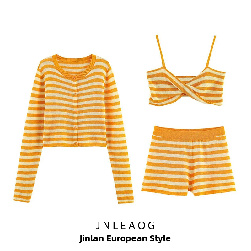 

JNLEAOG Summer New Women's Fashion Striped Knitted Short Jacket Top Shorts Three-piece Set Long Sleeve Autumn Spring Summer