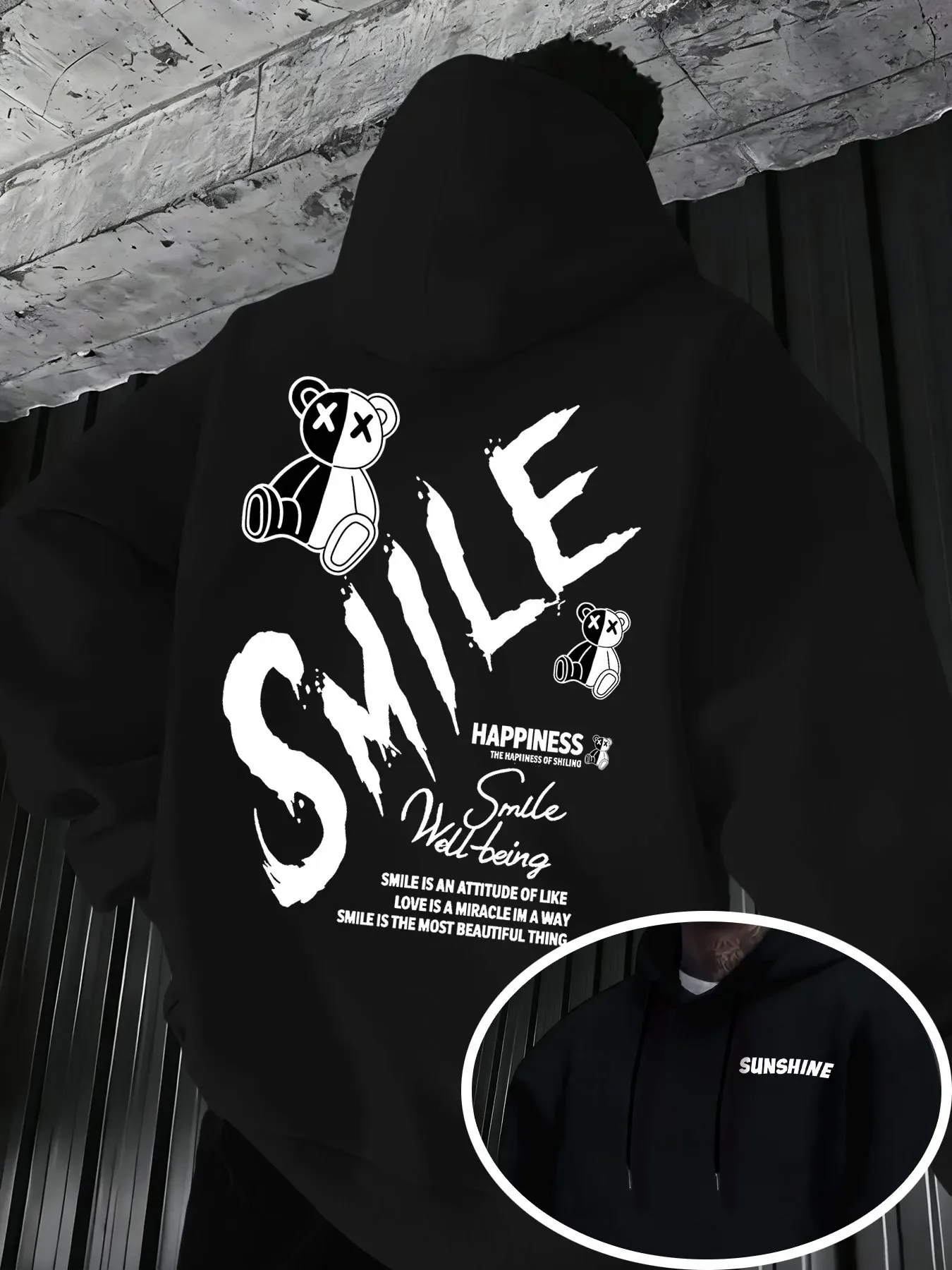 Men's Graffiti Teddy Bear Smile Letter Double Sided Print Hoodie Y2K Streetwear Unisex Oversized Autumn Pullover