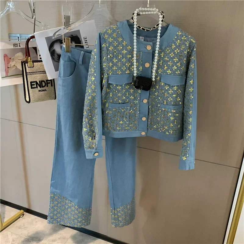 

Luxury Design Denim Women Pants Two Piece Set Women Sequined Embroidery Button Jacket Coat + High Waist Wide Leg Trousers Suits