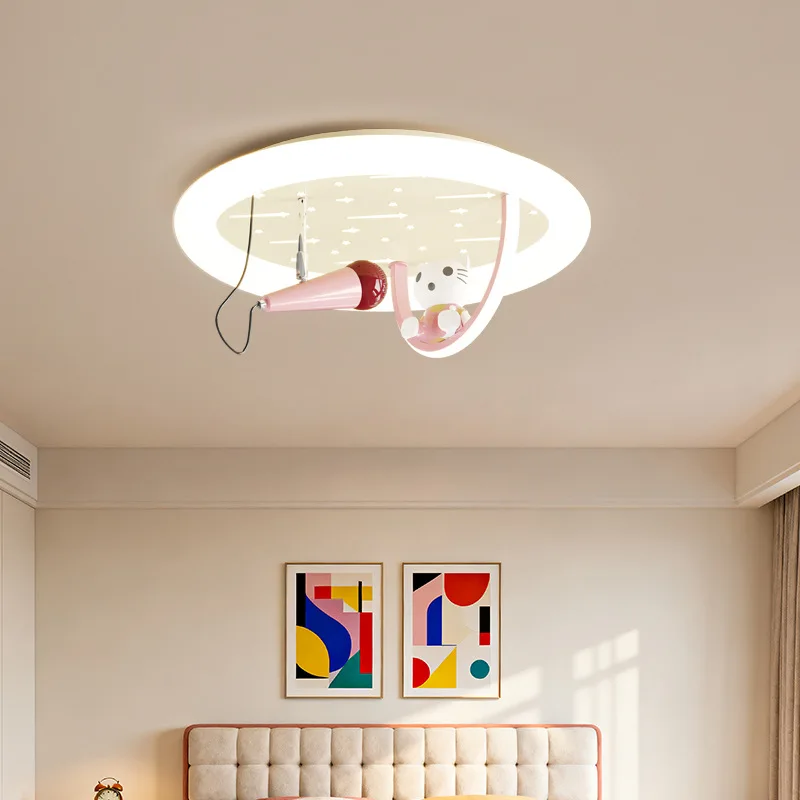 Modern Space Led Ceiling Lights Children Room Boys Girls Bedroom Study Cartoon Kitty Cats Cream Color Dopamine Personality Lamps