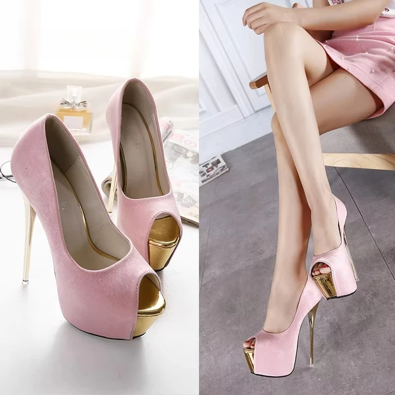 أحذية نسائية المفتوحة تو حجم كبير 43 44 45 أحذية النساء الوردي 2025 امرأة 16 سنتيمتر سوبر عالية الكعب مضخات خنجر كعب رقيقة #2