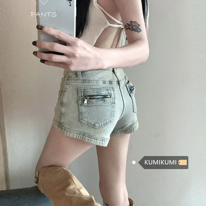 

Yellow mud American denim shorts women summer high waist a-line stretch design pocket zipper straight package hip hot pants