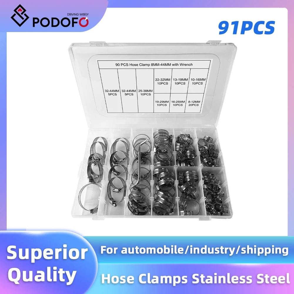 Podofo 91Pcs Hose Clamps Stainless Steel 8-44mm Hose Clamps Set Pipe Clamps Car Fuel Tube Pipe Clamp Worm Gear Plier Tools Pipes