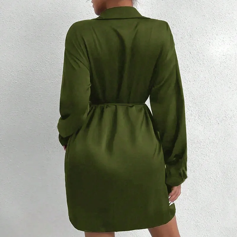 Nieuwe herfst lange mouw split boho mini-jurk damesmode turn-down kraag feestjurk lente effen vetersluiting slanke commuterjurk