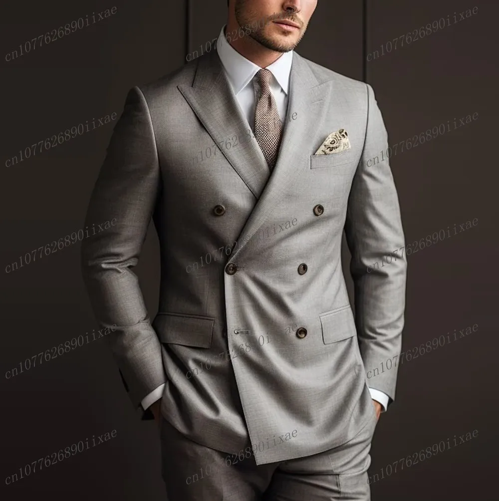 

New Male Formal Occasion Grey Men Suit Groom Groomsman Wedding Party Prom Business Tuxedos 2 Piece Set Blazer Pants