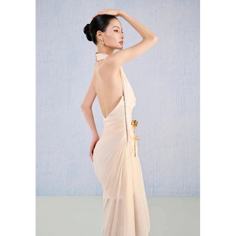 Soft Champagne Halter Neck Chiffon Evening Dress 2025 Ruched Bodycon Gown Backless Formal Party CustomSize Dress