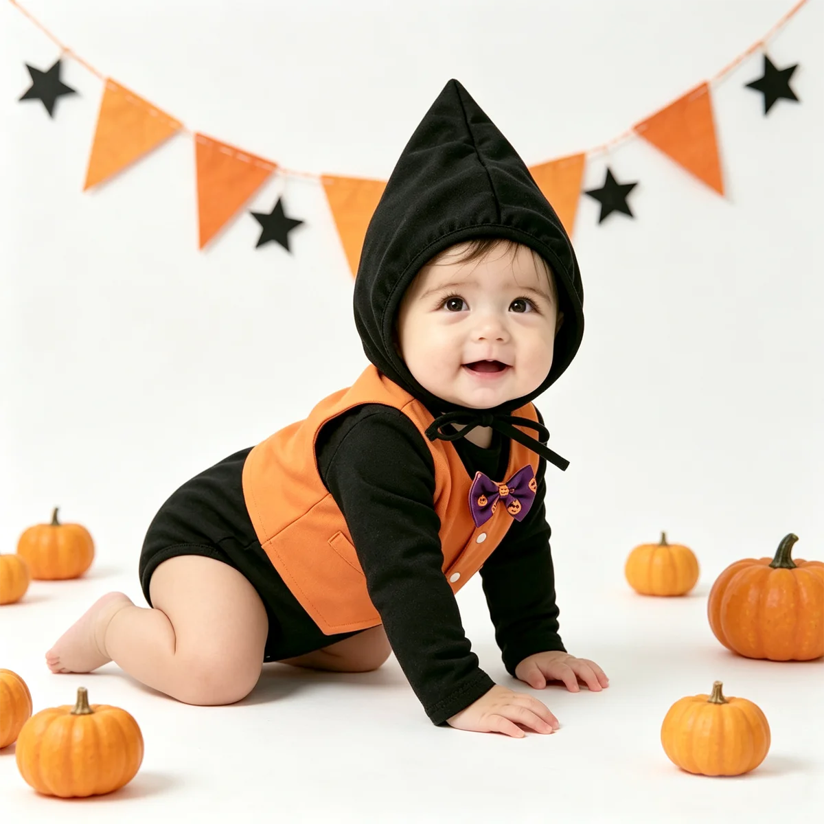 Baby Halloween Costume 3Pcs Outfit Long Sleeve Black Bodysuit Orange Vest Witch Hat Toddler Boys Halloween Party  Clothes Set