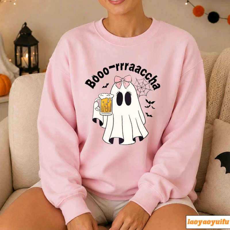 Cute Bow Ghost Holding Beer Mug Boo‑rrraaccha Halloween Crewneck Sweatshirt Spider Web Retro Spooky Cartoon Print Pullover Tops