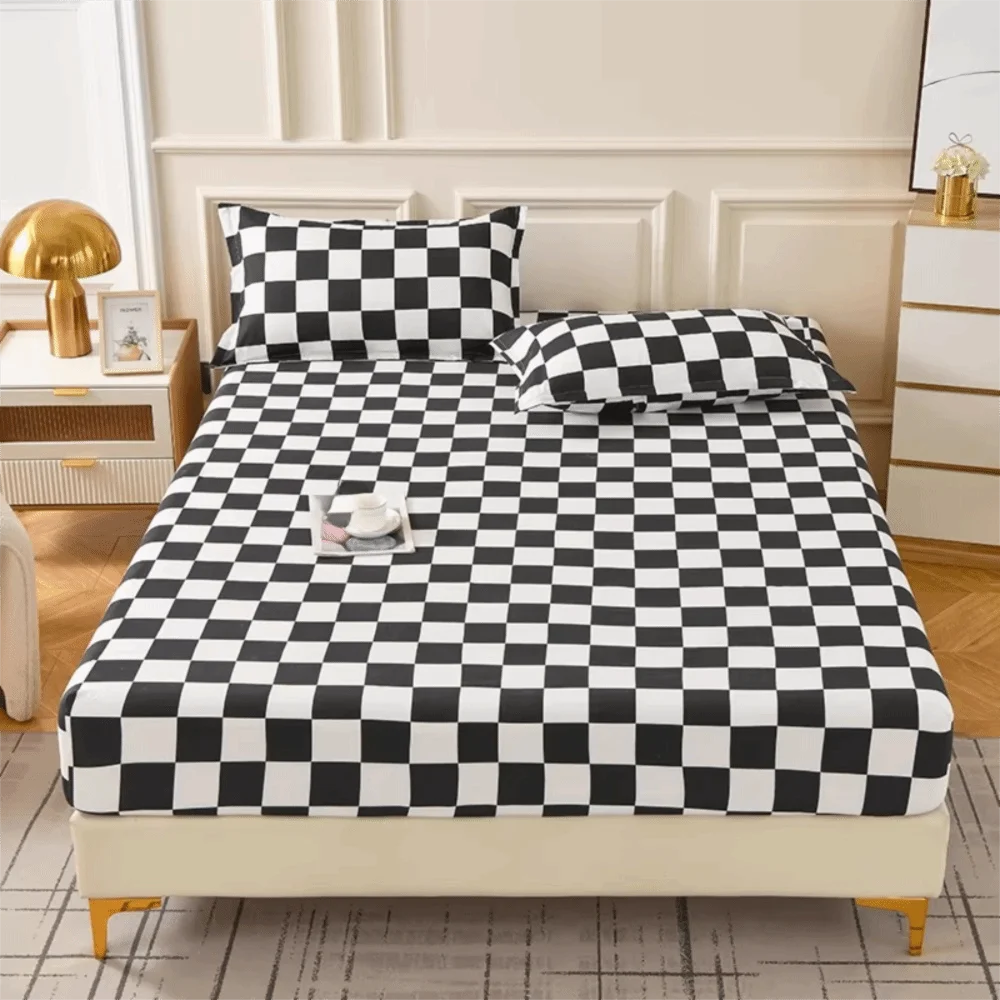 

Checkered Pattern Fitted Bed Sheet All-inclusive Elastic Band Mattress Protector Washable Breathable Mattress Cover Single Bed