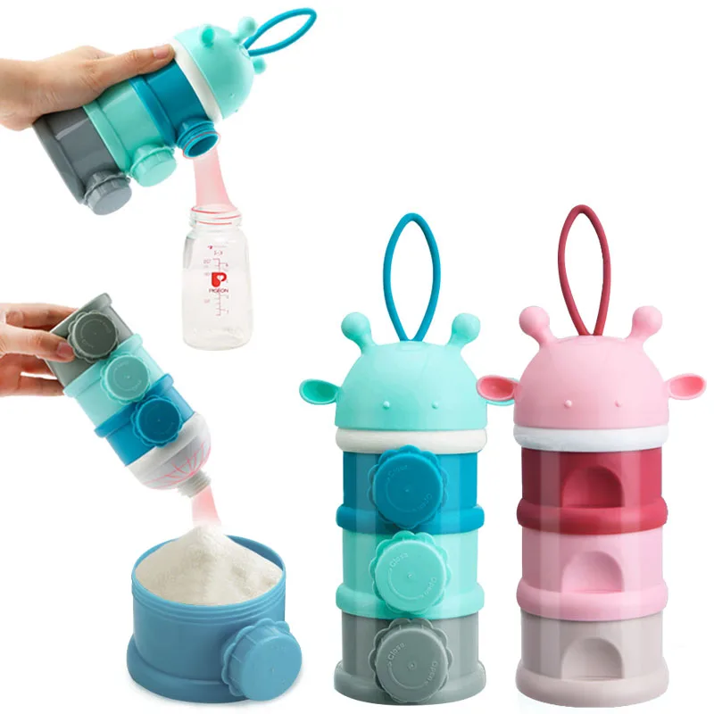 Boîte de rangement portable pour aliments pour bébés, 3 couches, plusieurs ouvertures, céréales, dessin animé, lait en poudre pour bébé, conteneur de collation pour tout-petits, cerf mignon