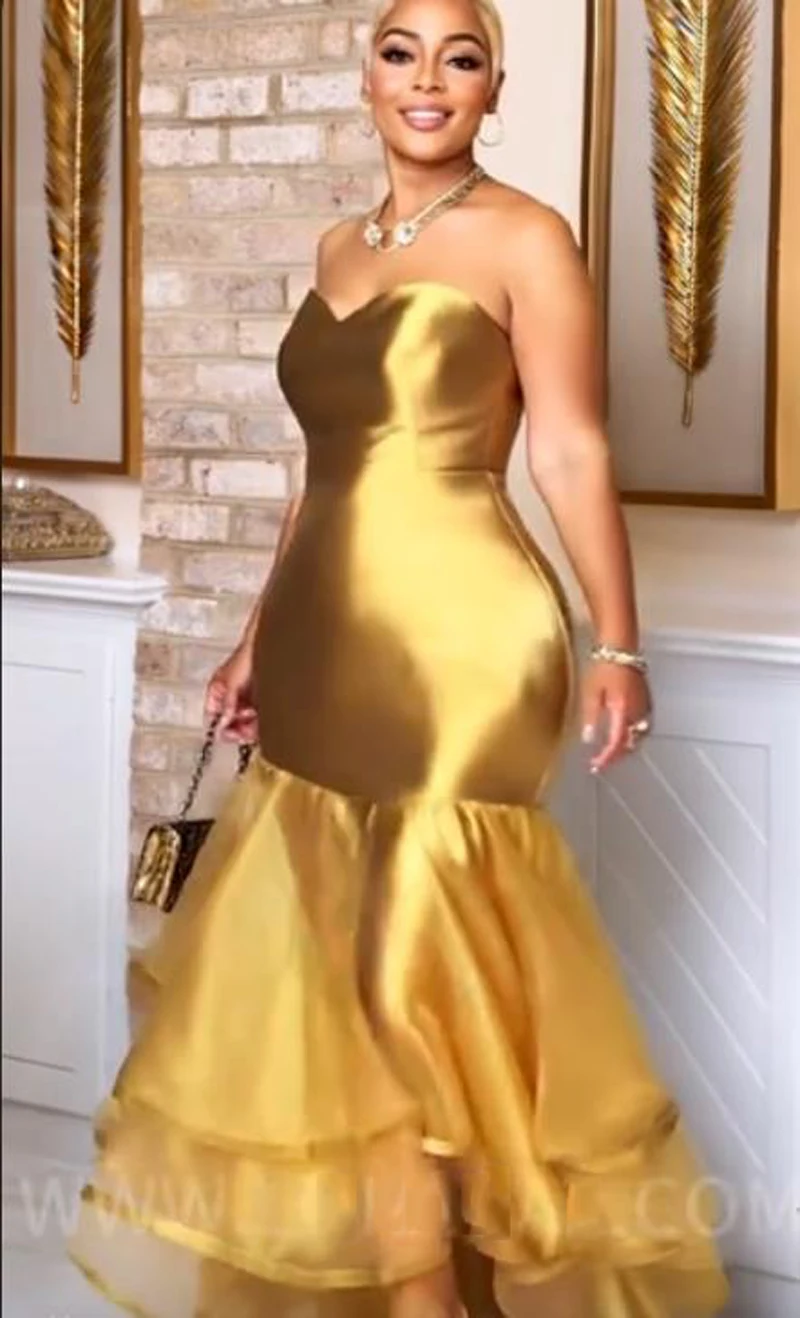 

Gold Sweetheart Mermaid Fashion Party Dresses Woman Satin and Organza Evening Dress Prom Gown Cocktail Dress Aso Ebi Robes