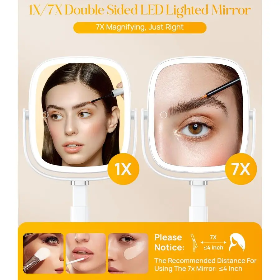 Rechthoekige verlichte make-upspiegel met verlichting en 1X 7X vergrotende spiegel, in hoogte verstelbaar en 4000mAh oplaadbaar voor slaapkamer,