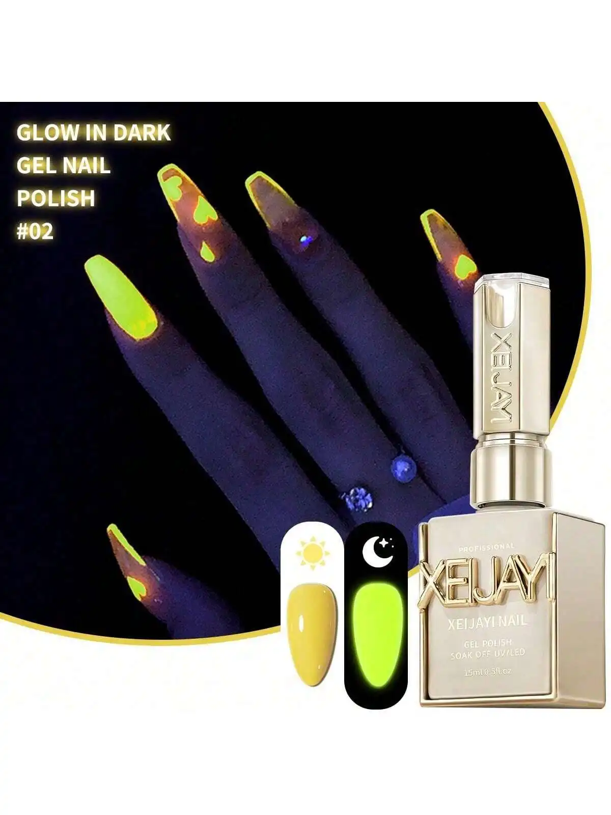 XEIJAIYI 1Pc Yellow Glow In The Dark Gel Nail Polish - Luminous Top Coat For Home Salon Manicure And DIY Long-Lasting