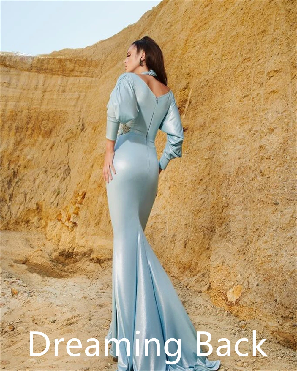 Customized  Elegant Blue Satin Vestido De Festa Modern V-Neck Long Sleeves Ruched Mermaid Belt(Sashes) Zipper Back Robe de soiré