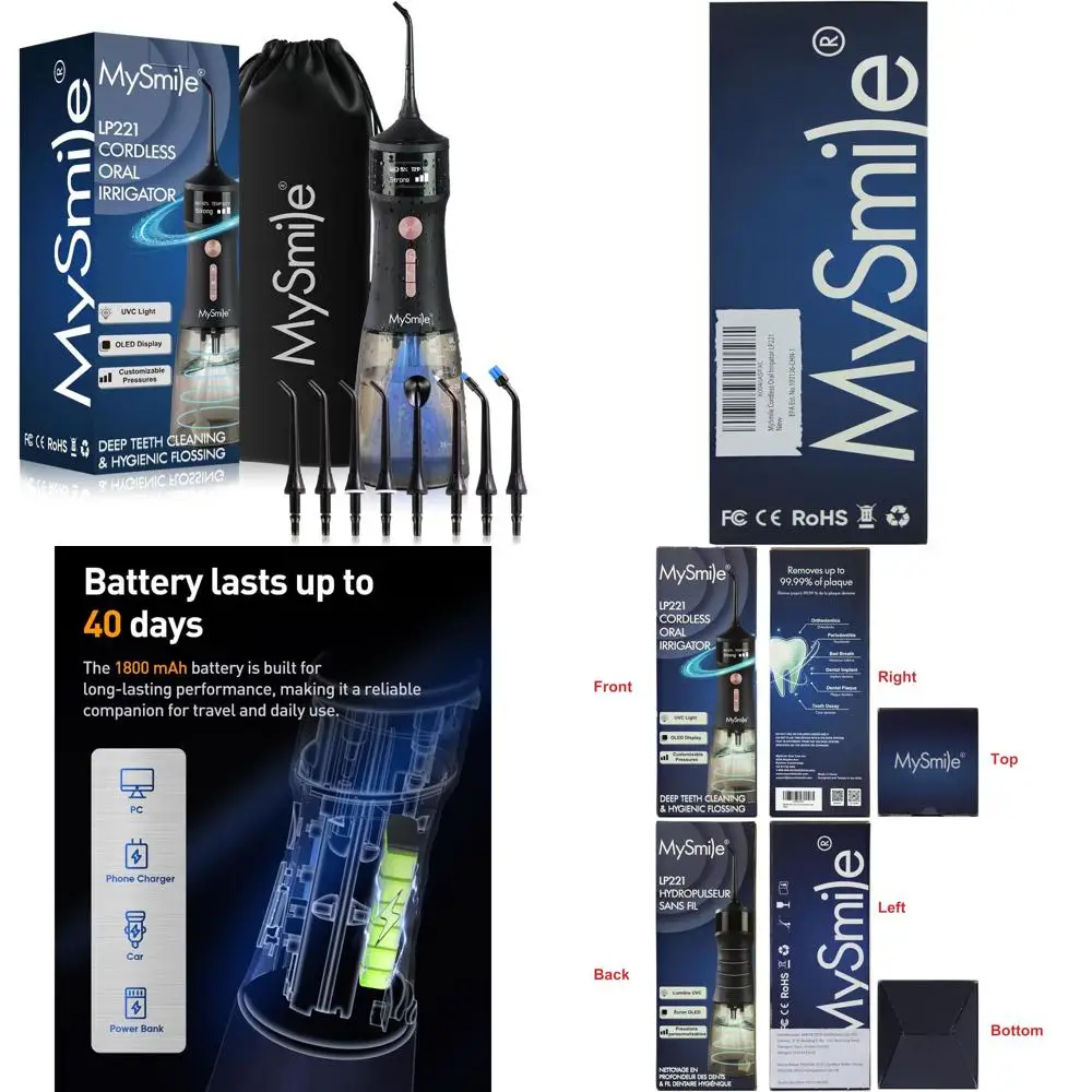 

Беспроводной ирригатор для полости рта с УФ-санитайзером, OLED-дисплеем, объемом 335 мл, 4 режима для чистки и промывания зубов (цвет: полуночный черный)