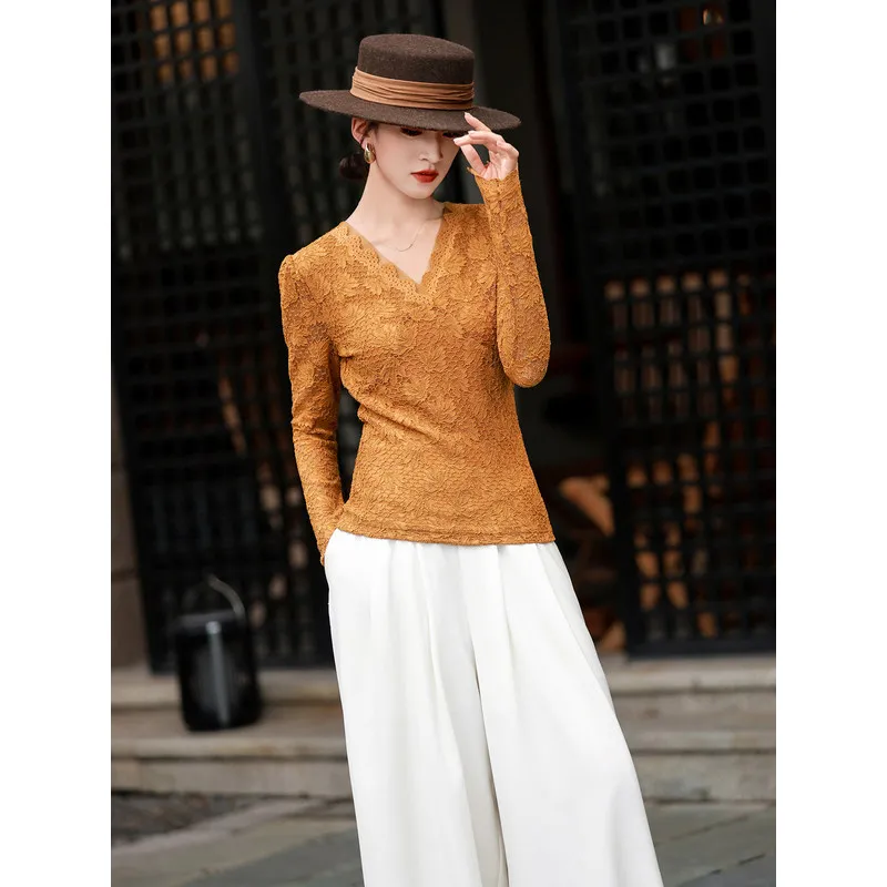 MEXCOCO Women Spring Autumn French Elegant Hollow Lace Blouse, V-Neck Long Sleeve Basic Layering Top