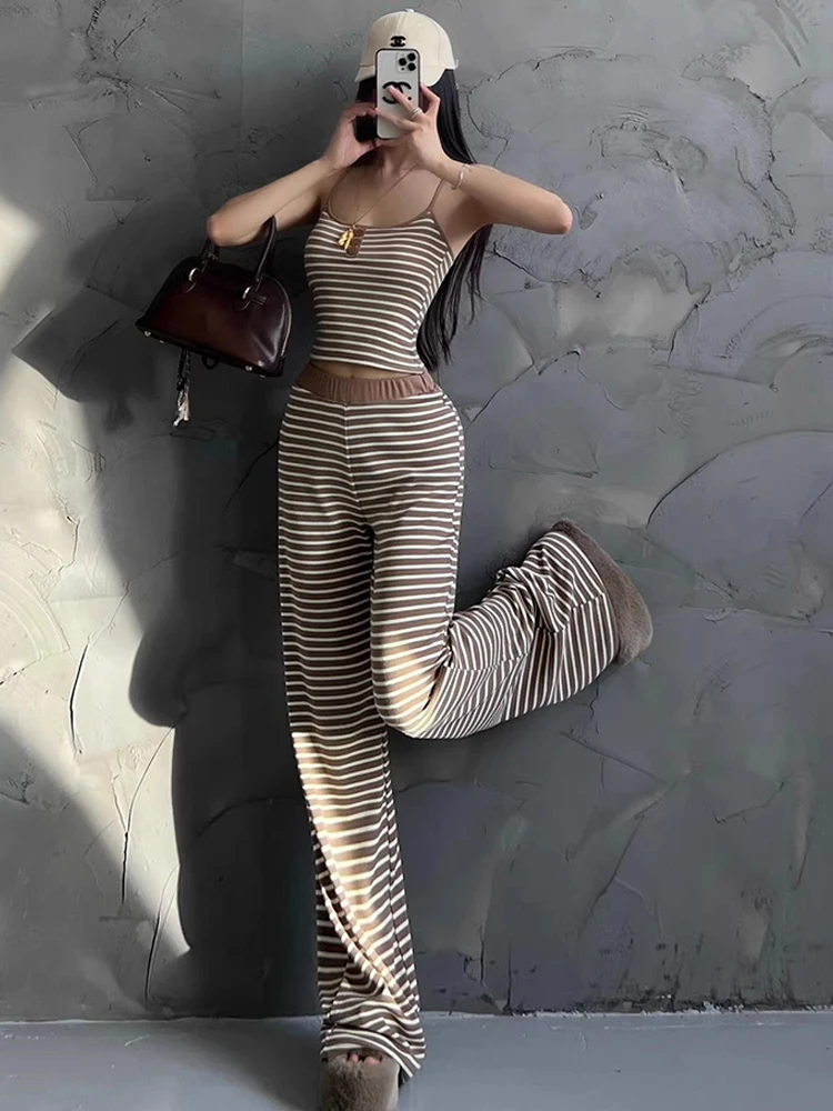 

Lazy style striped two-piece set women's summer hot girl tank top casual slimming wide leg pants color blocking trendy set