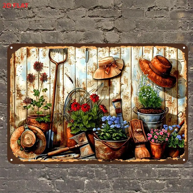 2D Flat, 1pc, Garden Tools And Flower Pots Decorative Art Print Metal Iron Sign, Pre-Drilled Holes, Suitable for Indoor, Gard