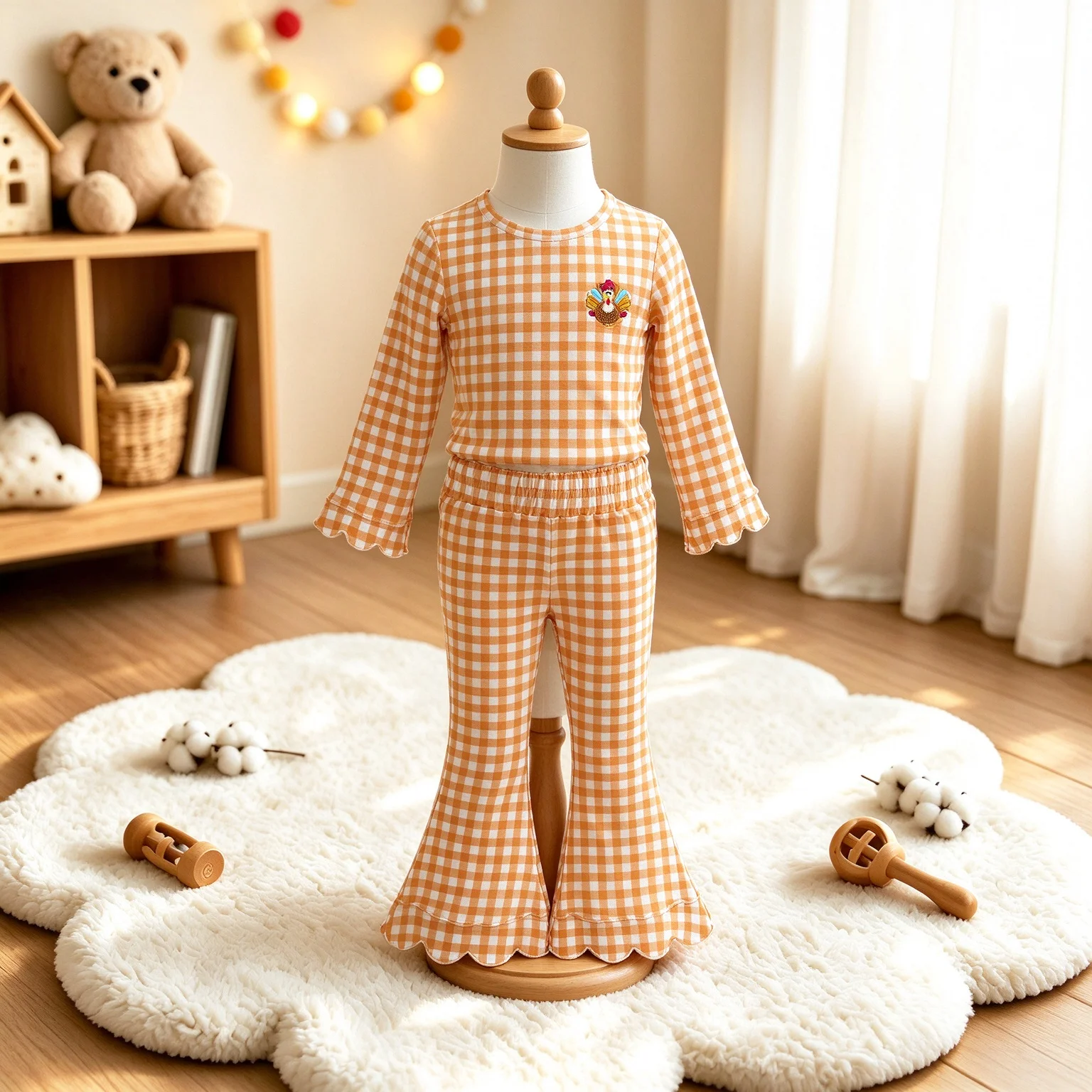 Wholesale Toddler Girls Kids Set Embroidery turkey Shirt Bell Pants Children Fall Outfit Baby Girl Thanksgiving Plaid Clothes
