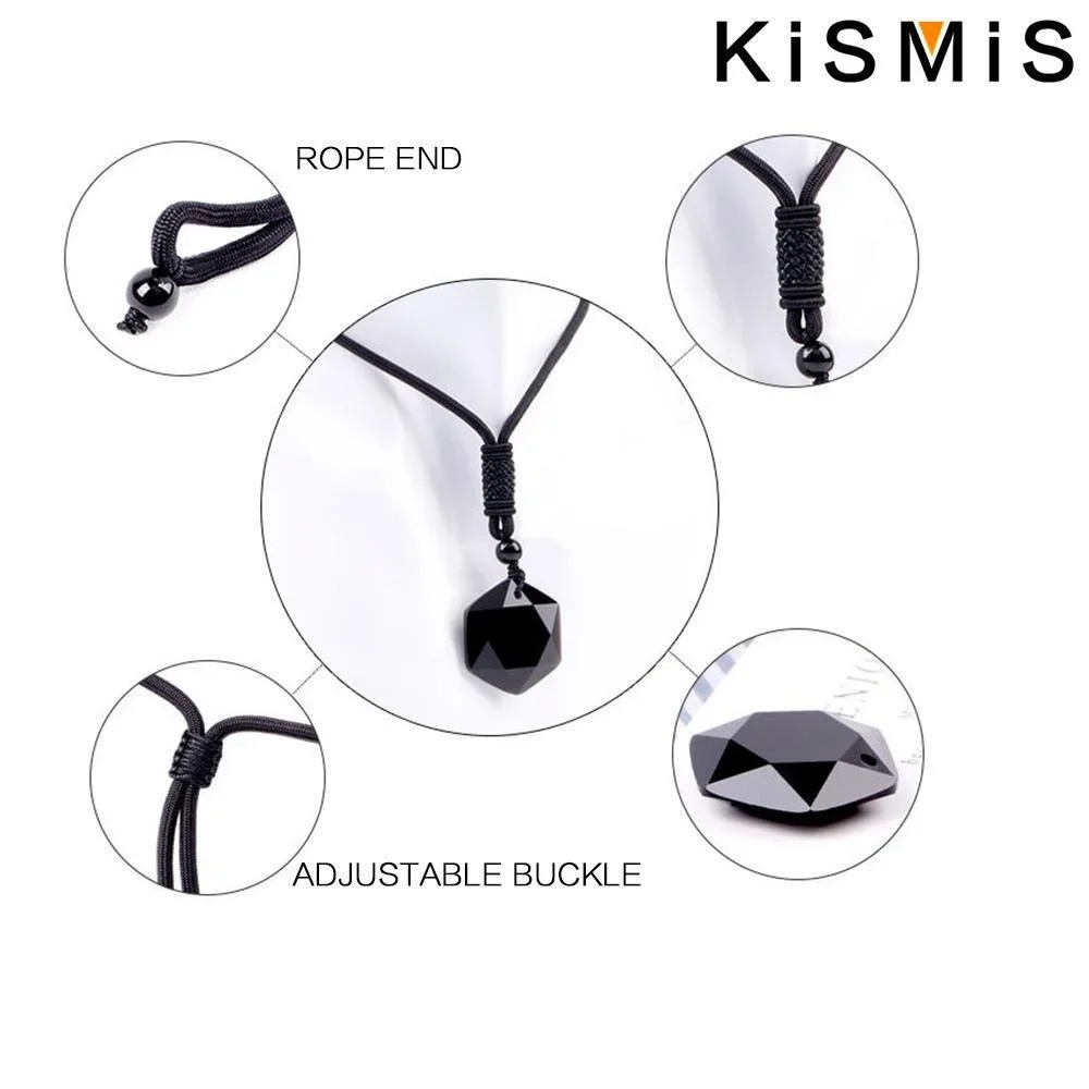 KISMIS 1PC Black Obsidian hexagon natural stone pendant necklace, suitable for both men and women