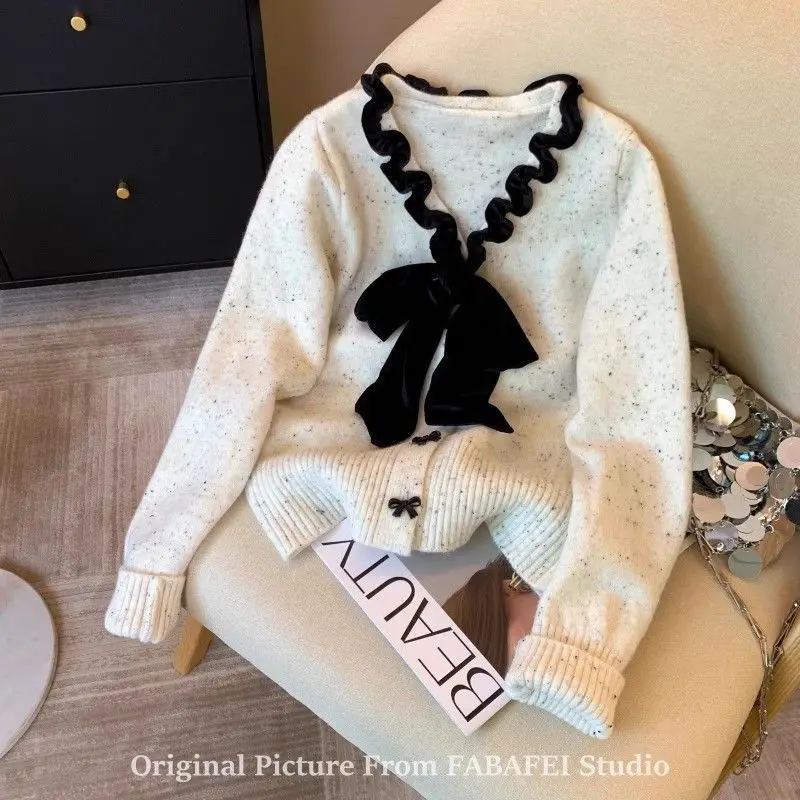 Xiaoxiangfeng Bow Sweater Knitted Cardigan New Short Jacket Long Sleeve Top