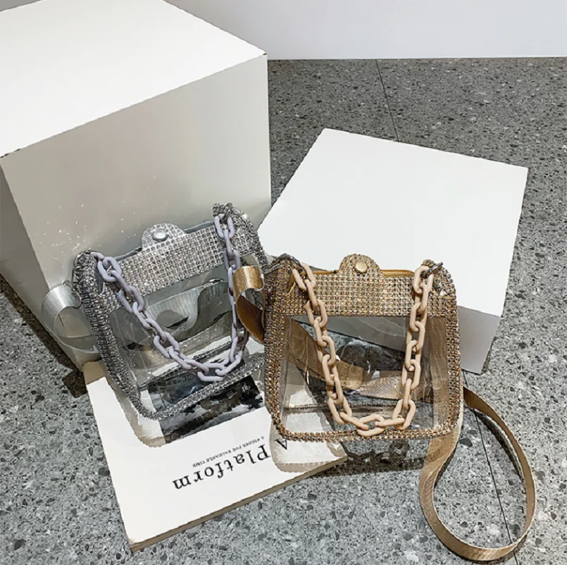 PVC Transparent Shoulder Crossbody Bag for Women Rhinestone Thick Chain Ladies Small Purse and Handbags Fashion Jelly Beach Tote