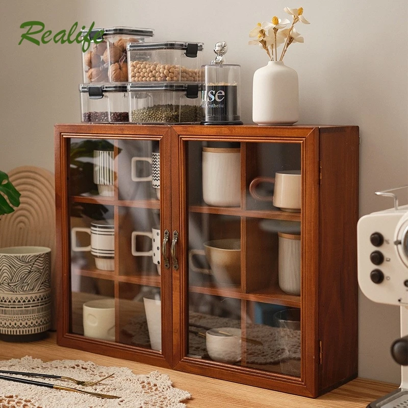 

Realife Solid Wood Retro Desktop Cup Storage Cabinet Home Restaurant Tea Set Storage Box Dustproof Mug Antique Display Rack 2025