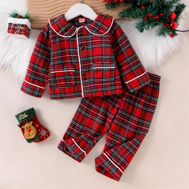 Kids Girls Christmas Pajamas Set Plaid Long Sleeve Tops with Elastic Waist Pants Sleepwear