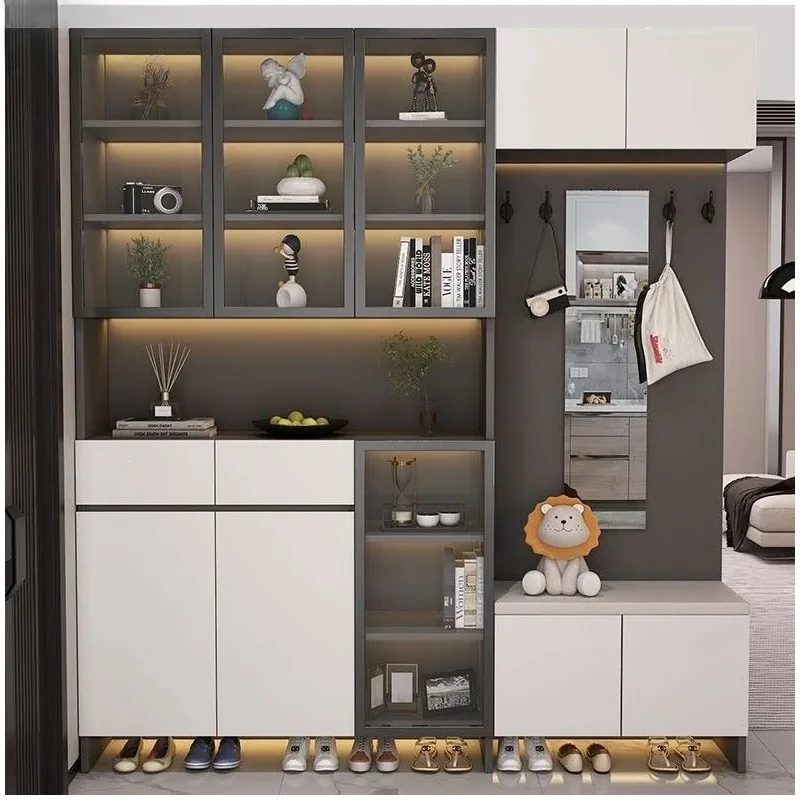 Solid Wood Entryway Cabinet with Shoe Storage and Wine Rack Freestanding Hallway Partition Screen Console Table for Living