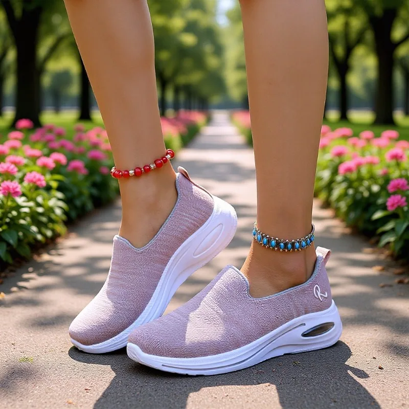 Women Breathable Knit Slip‑On Sneakers Air Cushion Platform Lightweight Non‑Slip Casual Walking Loafers for Daily Outdoor Wear