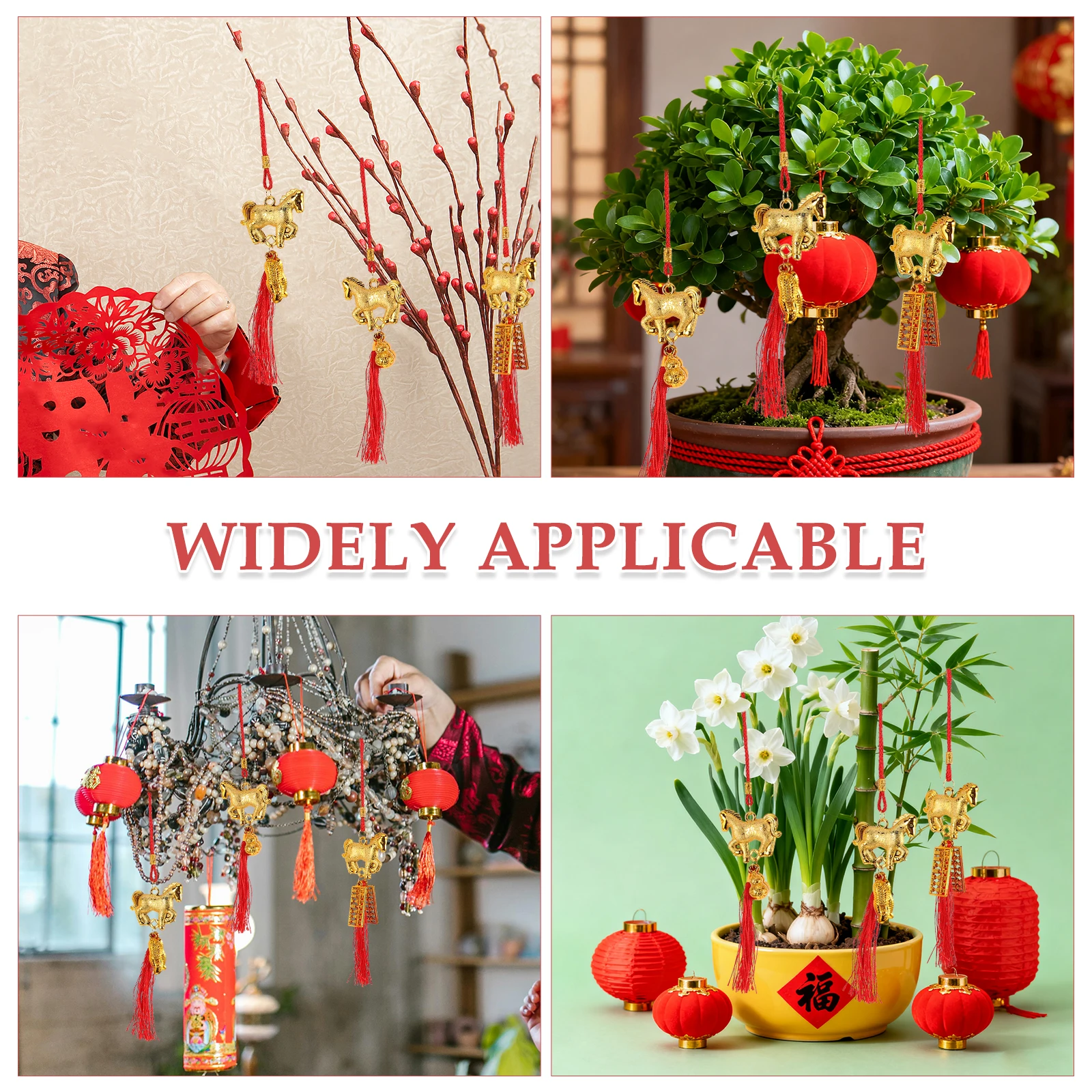 6 pezzi di ornamenti pendenti per l'anno del cavallo pendenti con nappe rosse per la decorazione del festival dell'home office festa delle statue di animali di Capodanno lunare