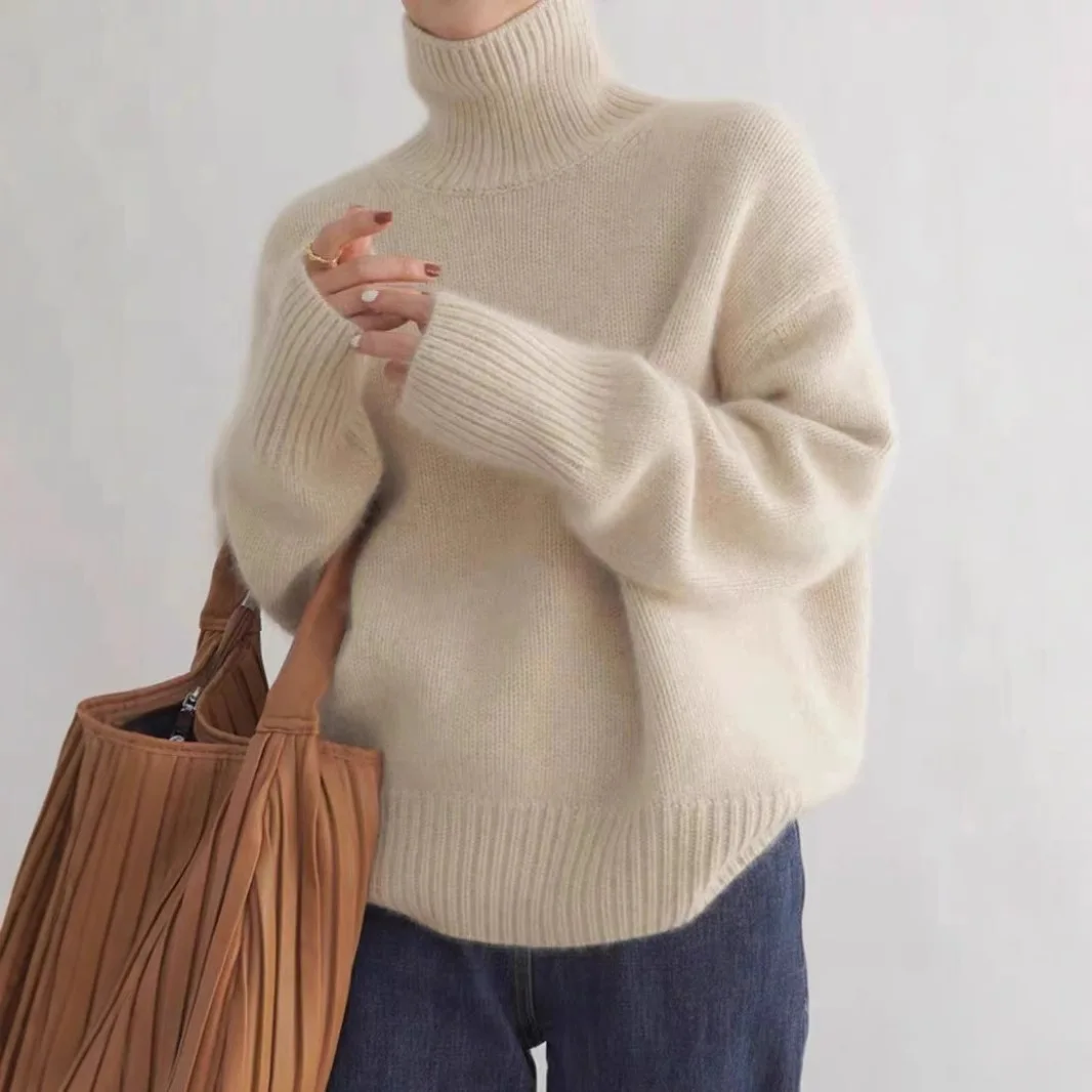 

Autumn Winter Solid Turtleneck Sweaters for Women Elegant Casual Long Sleeve Oversized Jumpers Warm Basic Thick Pullovers 2025