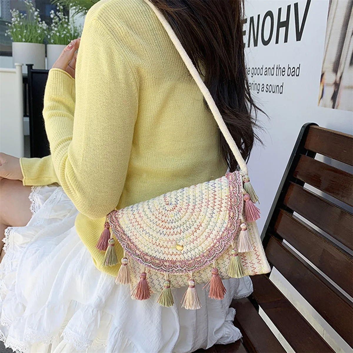 

Bohemian Fringe Sling Bag with Magnetic Closure and Woven Design Chic Ethnic Crossbody Purse for Women