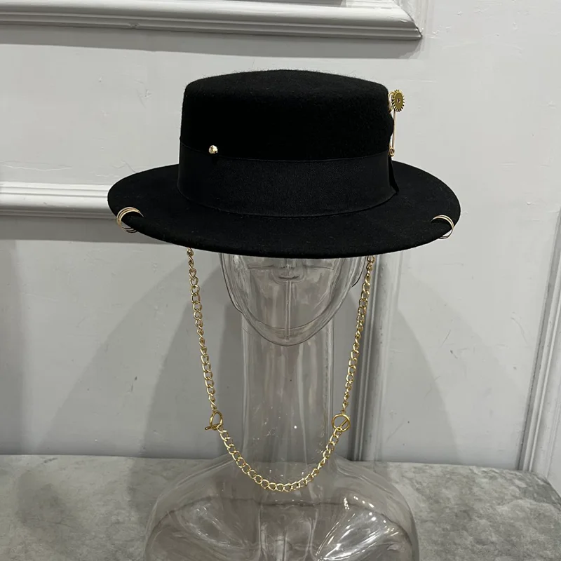 European and American fedora  hats woollen hats catwalk hats French wool felt hats Chain Strap Felt Canotier Hat