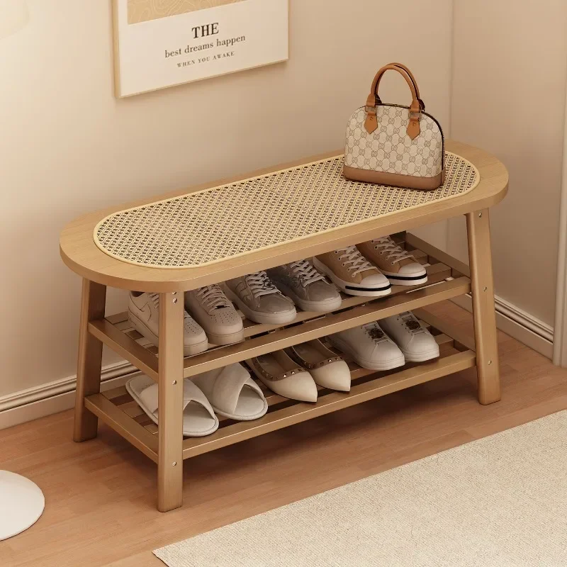 stool, simple entry at the door of the home, integrated shoe cabinet and coat rack, rattan stool, multi-functional shoe rack