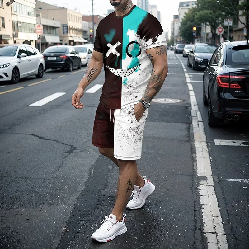 Fun 3D Devil Face Printed Men's T-shirt Sleeves, Short Sleeves and Shorts Two-piece Set, Hip-hop Trend Harajuku Streetwear, Summ