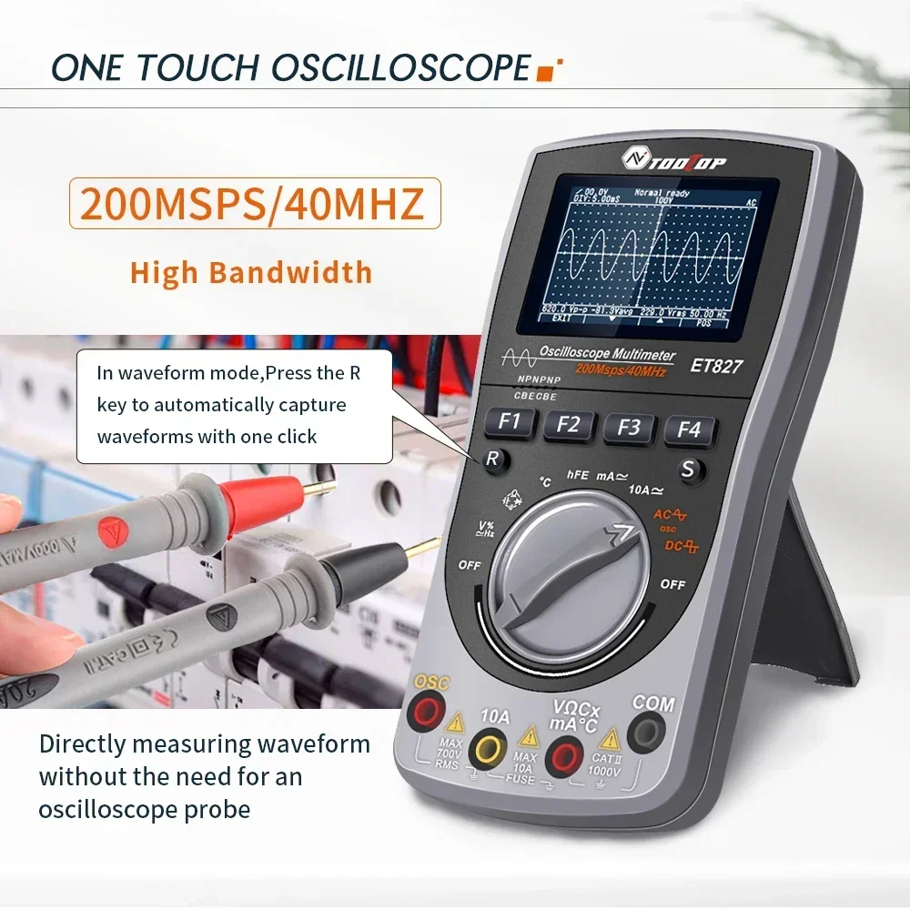 TOOLTOP ET827 40MHz  Digital Oscilloscope Multimeter 2in1 200Msps/S Sampling Rate T-RMS Multimeter Electronic Measurement Tools