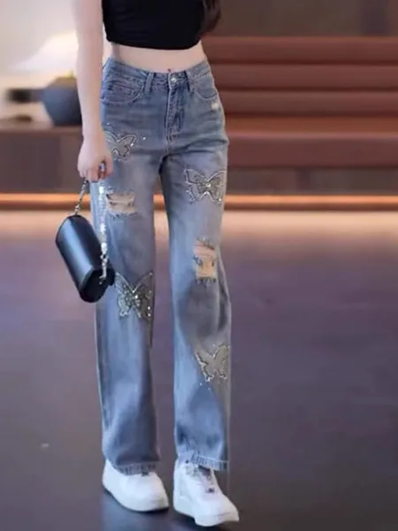 

Ретро джинсы с вырезами, высокой талией, облегающие, женские, широкие штанины, длиной в пол, повседневные, летние, новинка