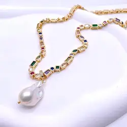 YYGEM 15x23mm Cultured White Baroque Pearl Pendant Cz Multi Color Chain Choker Necklace Classic Fashion Women Jewelry
