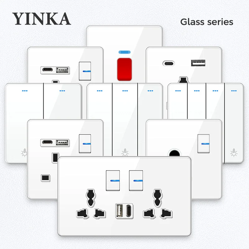 

YINKA White Tempered Glass Wall Light Switch 86x86mm Modern Minimalist UK Style Easy Installation for Home Hotel Office Use