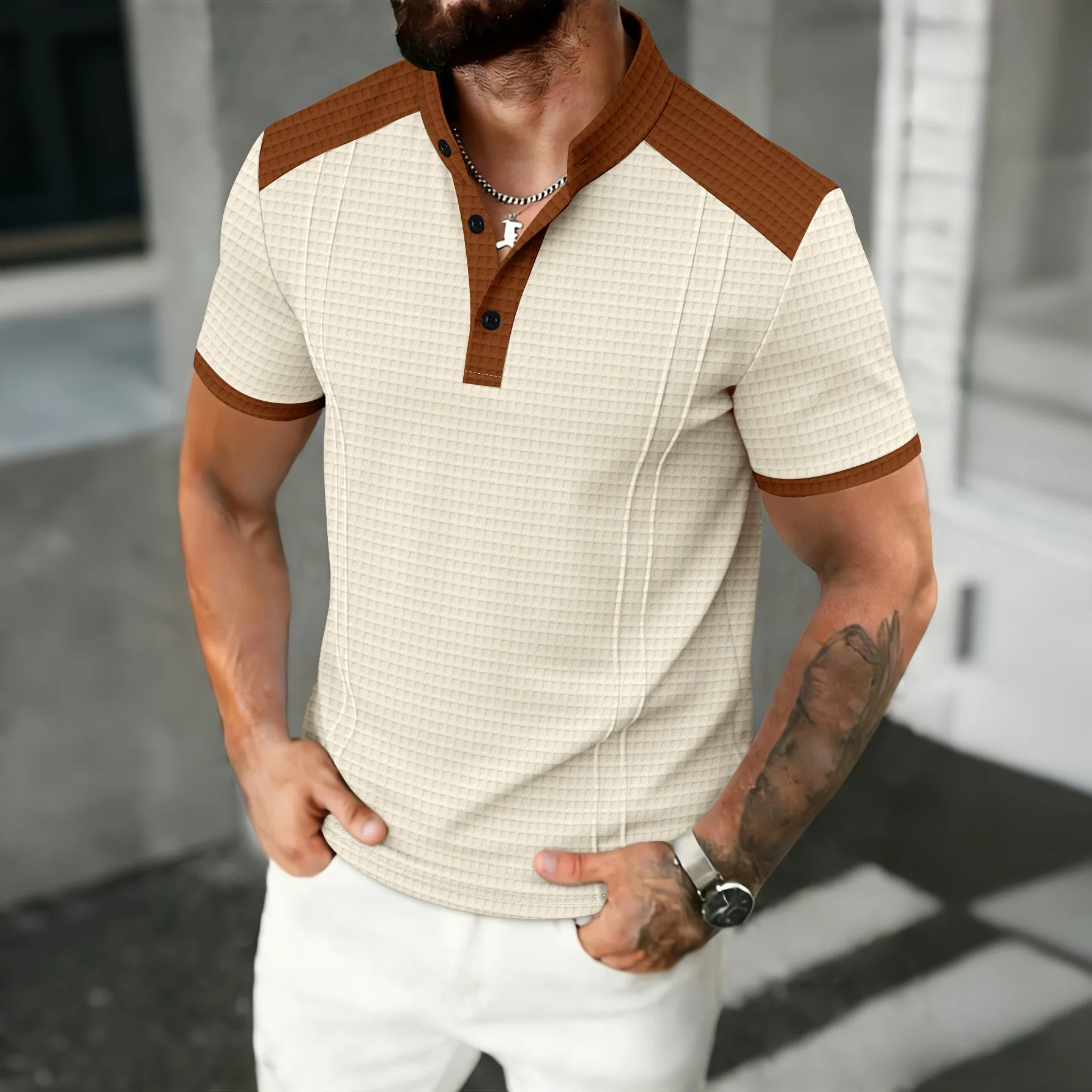 

New men's waffle color-block Henry collar short-sleeved T-shirt - Stand-up collar, half-open front, casual, breathable, sports t