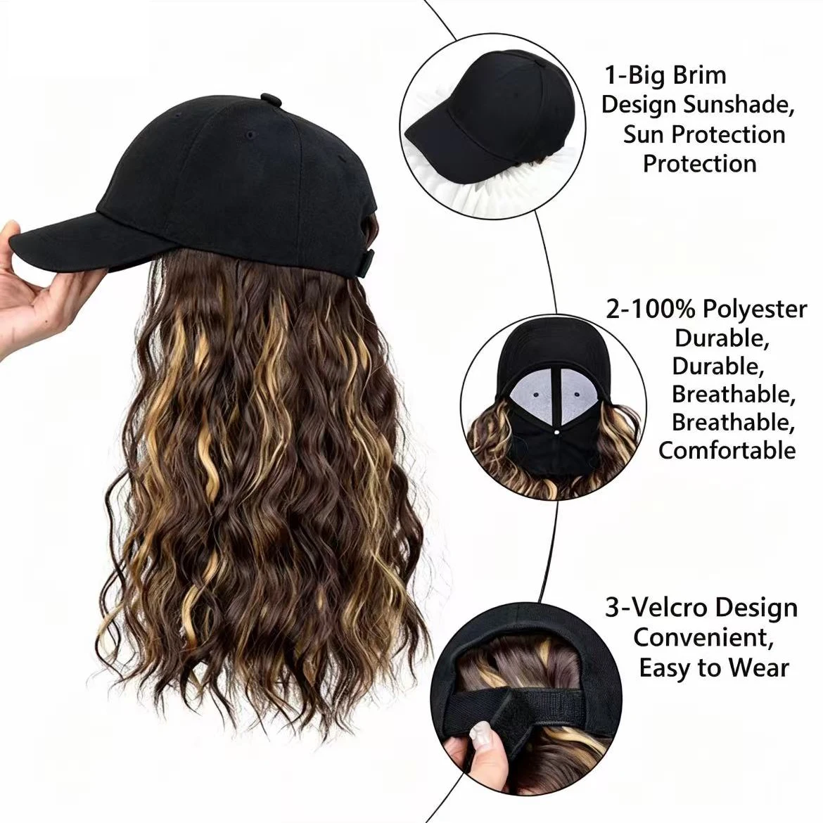 45CM Synthetic Hat Wig for Women Wig Cap with Curly Hair Extensions Hat with Hair Wave Adjustable Baseball Hat Wigs