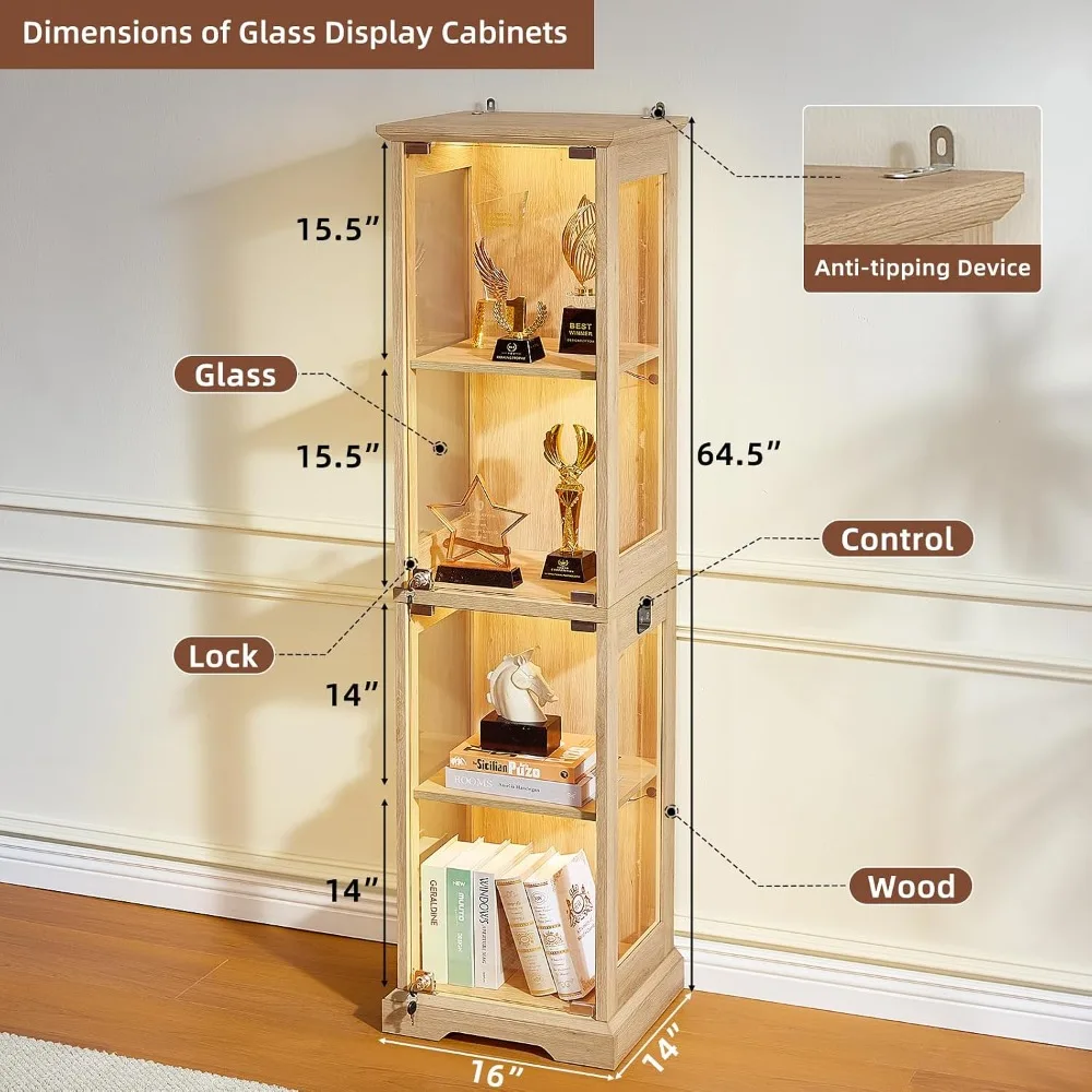 Narrow Glass Display Cabinet with Doors and Lock Farmhouse Natural Storage for Living Room