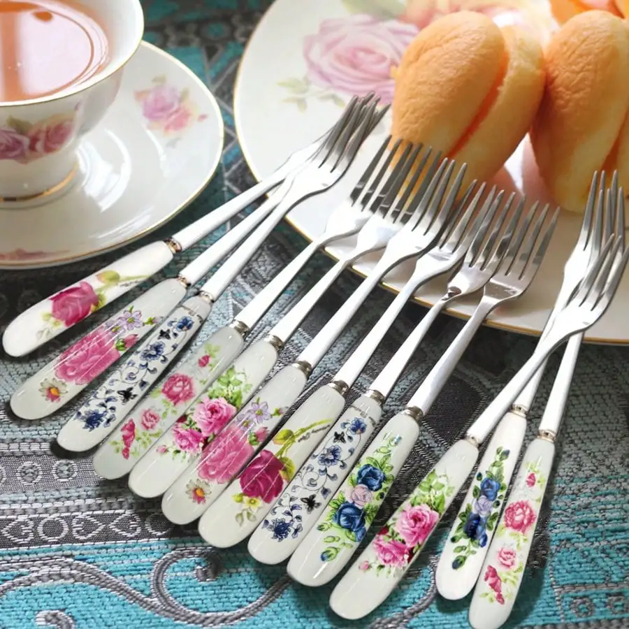 

6/12 Creative Stainless Steel Forks With Ceramic Handles, Cute Small Forks With Unique Floral Patterns, Dessert And Fruit Forks, Fork Cutlery Set, Suitable For Home Kitchens, Restaurants, Afternoon Tea,School Supplies