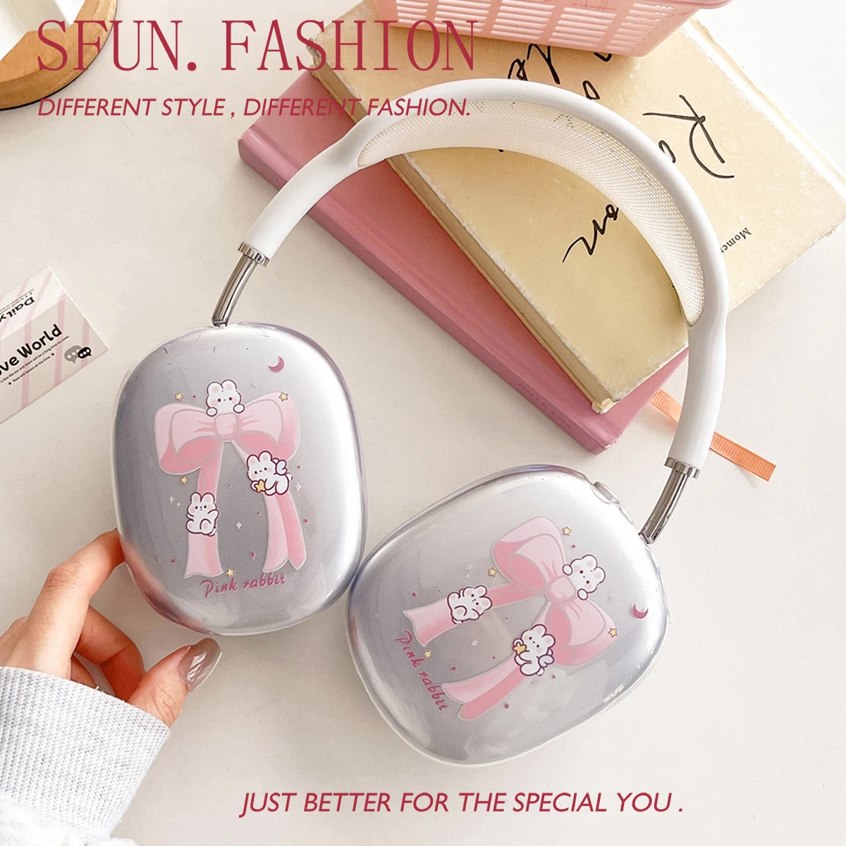 

Cute Little Rabbit Pink Bow Earphone Case Suitable for AirPods Max Protective Case Headworn Bluetooth Earphone Accessories