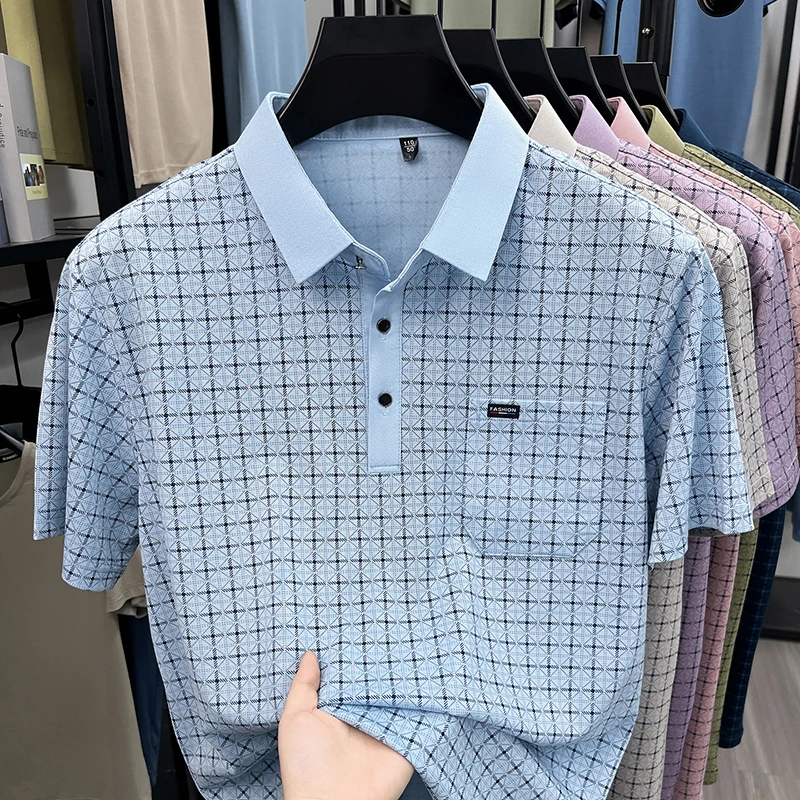 Herren Kurzarm-Poloshirts mit Diamant-Jacquardmuster, klassische Passform, lässige Oberteile, weiche, bequeme, modische Hemden für Männer – Detail 9