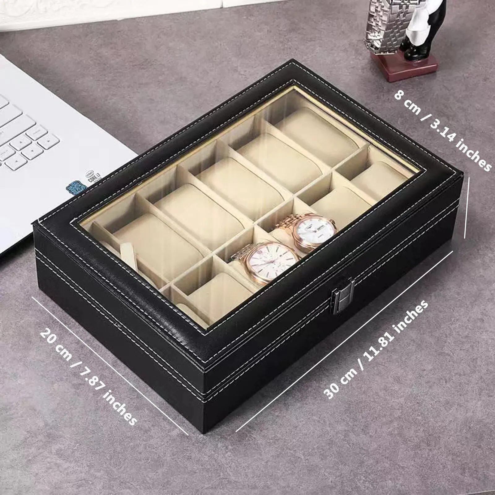 Watch Box, 12-Slot Watch Case with Large Glass Lid, Removable Watch Pillows, Watch Box Organizer, Gift for Loved Ones