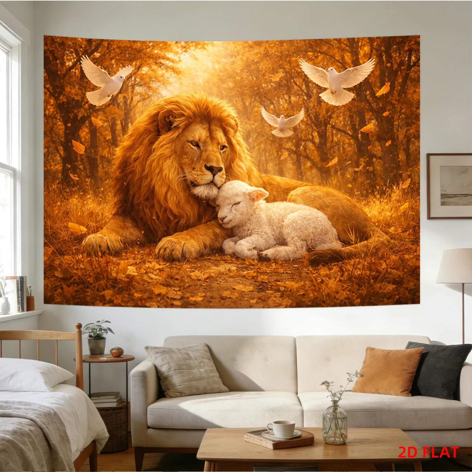Lion and Lamb Tapestry with White Doves and Autumn Leaves on Golden Forest Background 180x280cm Wall Decor